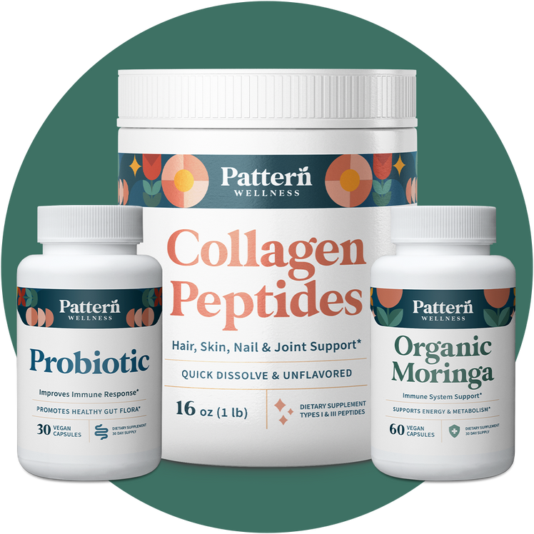 A jar of Collagen Peptides and bottles of Organic Moringa and Probiotic.