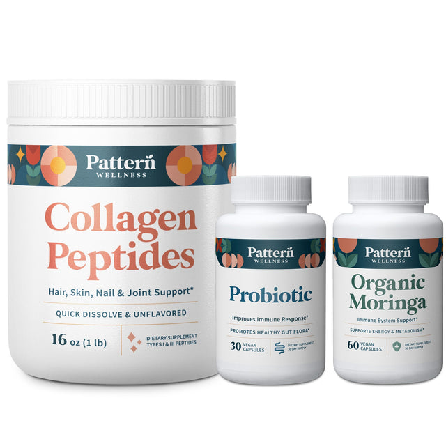 A jar of Collagen Peptides and bottles of Organic Moringa and Probiotic.
