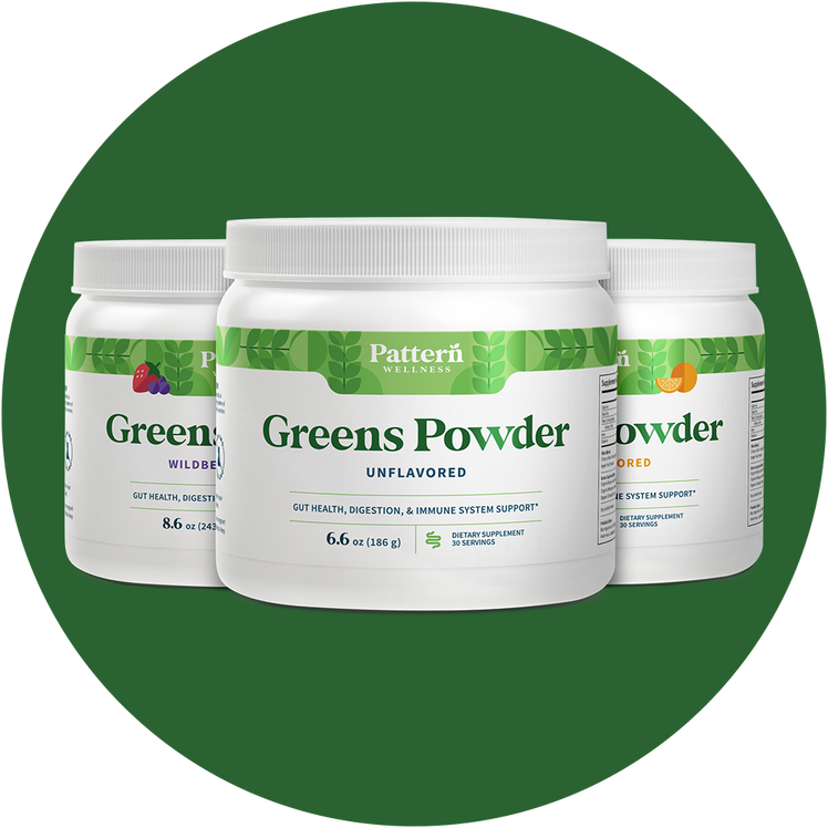 A trio of Pattern Wellness Greens Powder jars with different flavors.