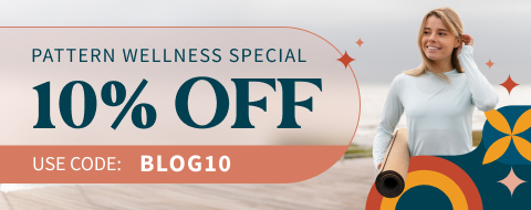Pattern Wellness Special: 10% Off. Use code BLOG10. A smiling woman holds a yoga mat against a scenic outdoor background with abstract decorative elements.