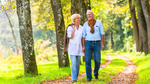 Older couple walking hand in hand on a forest trail surrounded by fall foliage — embracing simple autumn wellness habits.