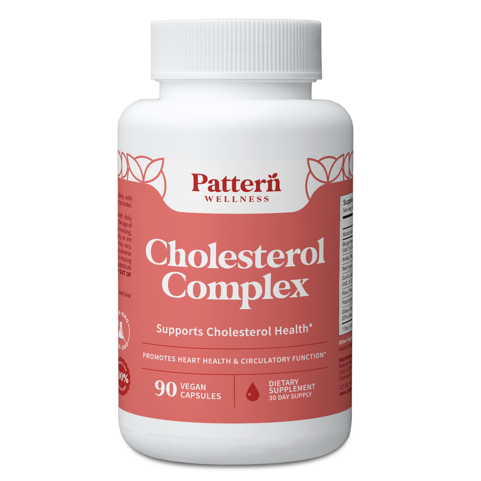Supplement bottle labeled 'Cholesterol Complex' by Pattern Wellness on a white background