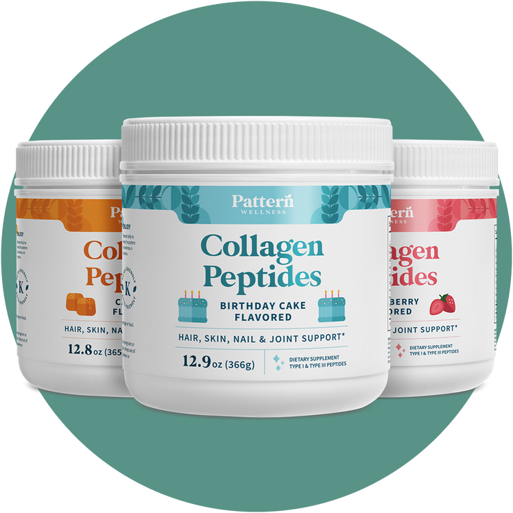 A trio of Pattern Wellness Collagen Peptides Powder jars with different flavors.