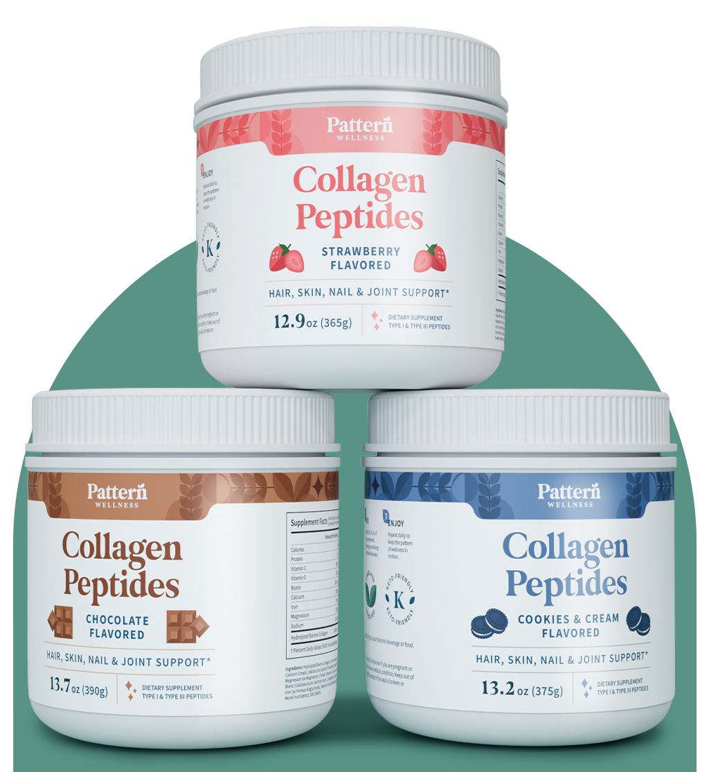 A trio of Pattern Wellness Collagen Peptides Powder jars with different flavors.