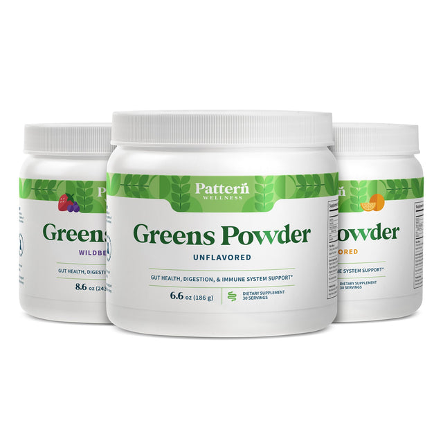 A trio of Pattern Wellness Collagen Greens Powder jars with different flavors.