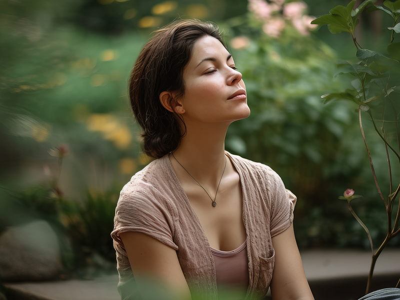 A woman sits peacefully in a garden, enjoying the tranquility of her surroundings.