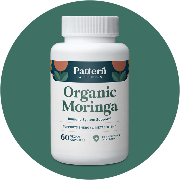 A bottle of Pattern Wellness Organic Moringa.