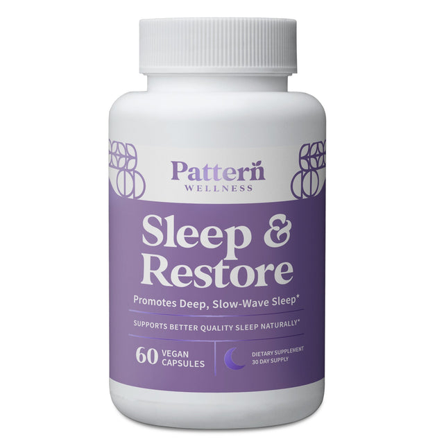 A bottle of Pattern Wellness Sleep + Restore.