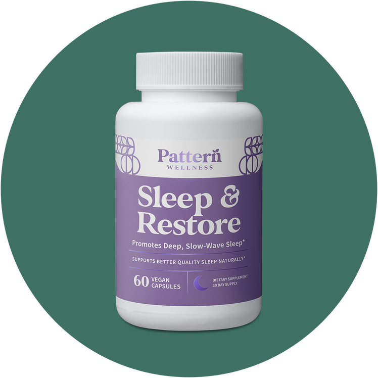 A bottle of Pattern Wellness Sleep + Restore.