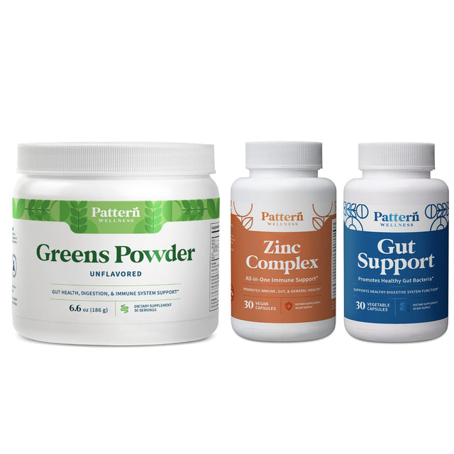 A jar of Greens Powder and bottles of Gut Support and Zinc Complex.