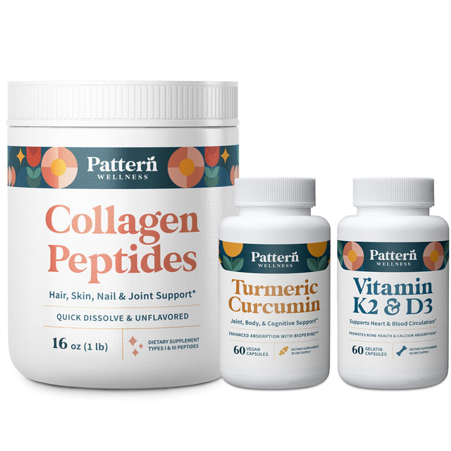 A jar of Collagen Peptides and bottles of Turmeric and Vitamin K2 & D3.