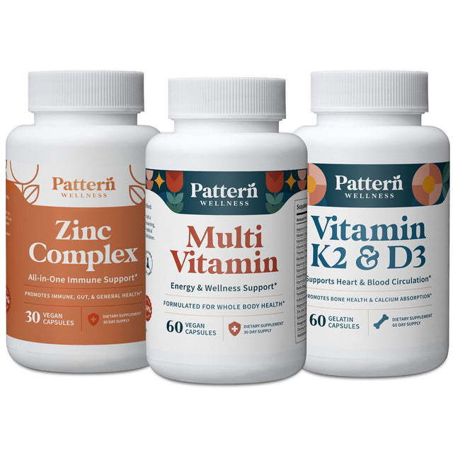 Bottles of Daily Multivitamin, Vitamin K2 & D3, and Zinc Complex.