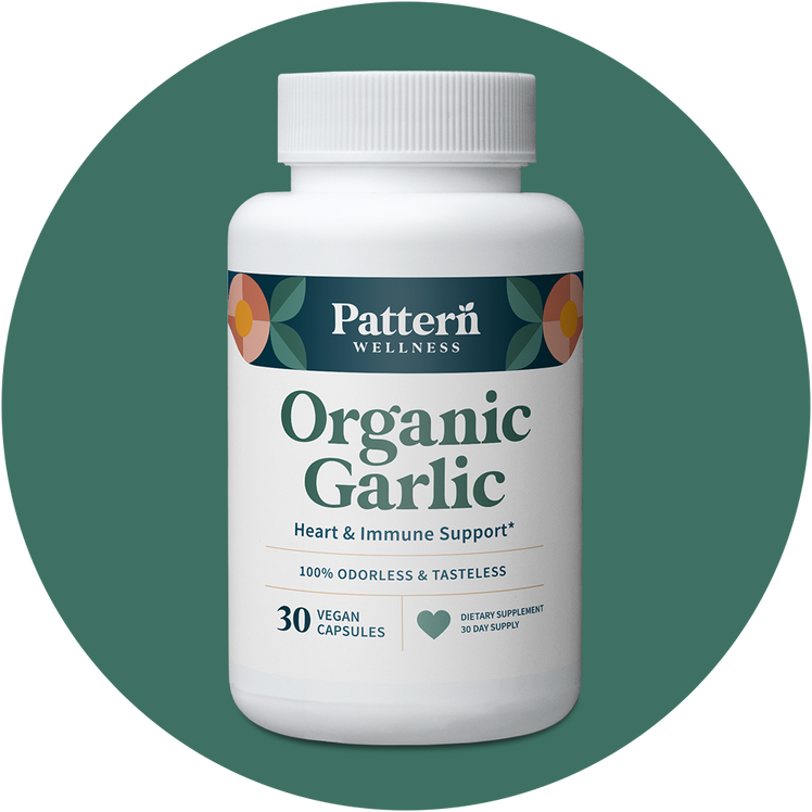 A bottle of Pattern Wellness Organic Garlic.