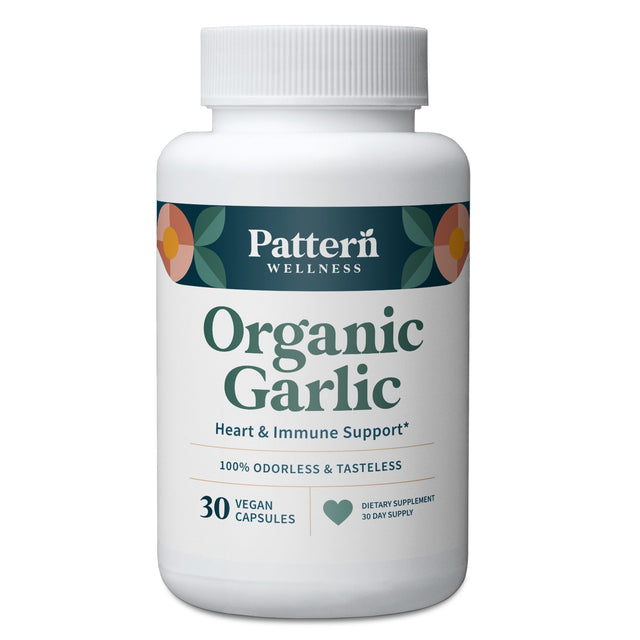 A bottle of Pattern Wellness Organic Garlic.