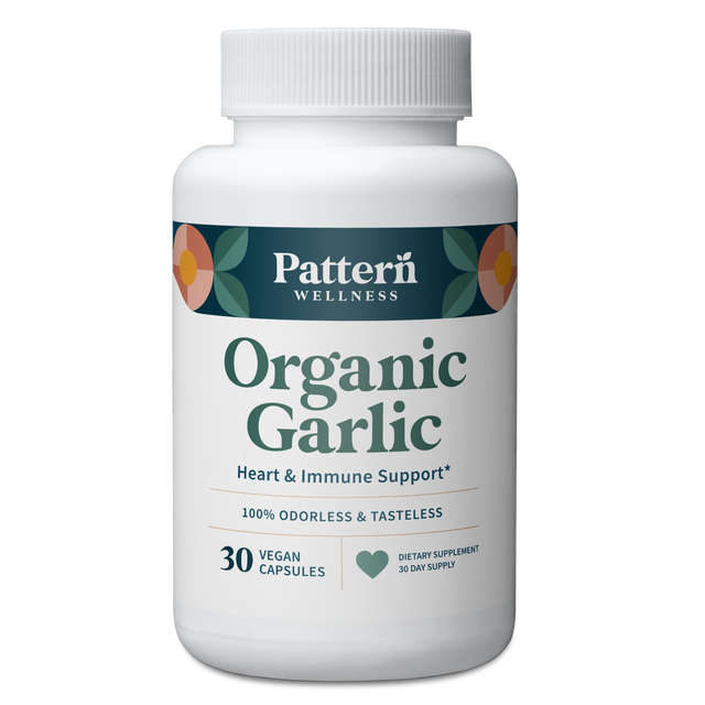 A bottle of Pattern Wellness Organic Garlic.