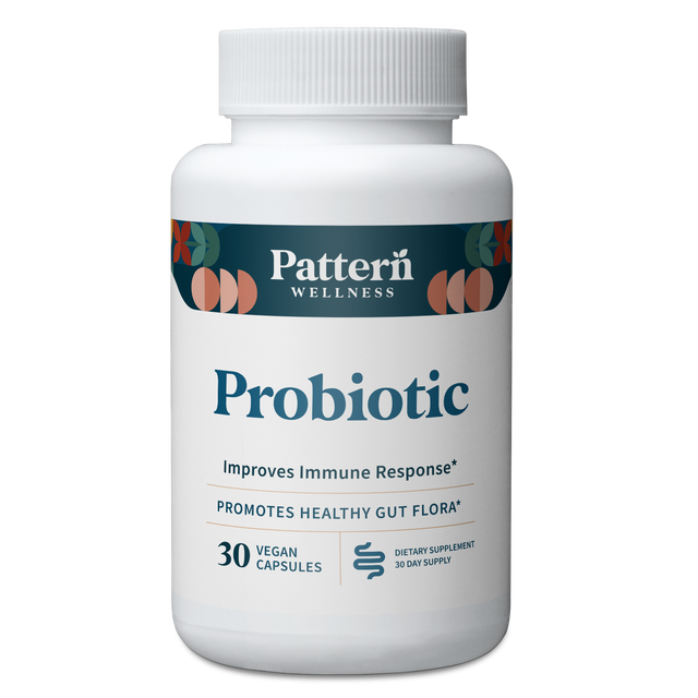 A bottle of Pattern Wellness Probiotic.