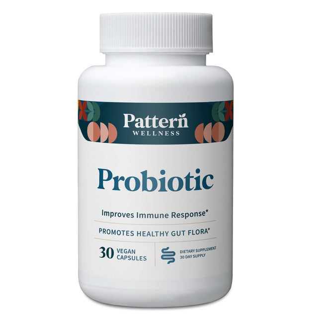 A bottle of Pattern Wellness Probiotic.